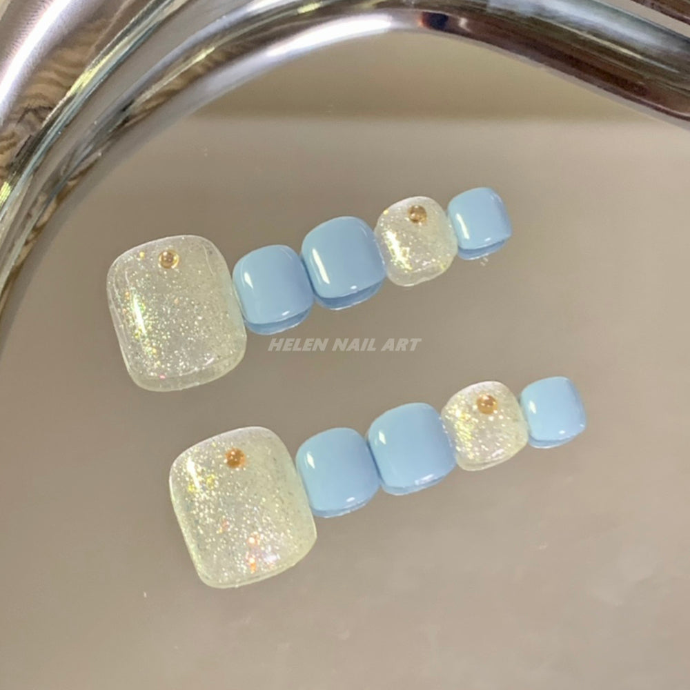 Glitter Silver & Blue Best Press On Toenails