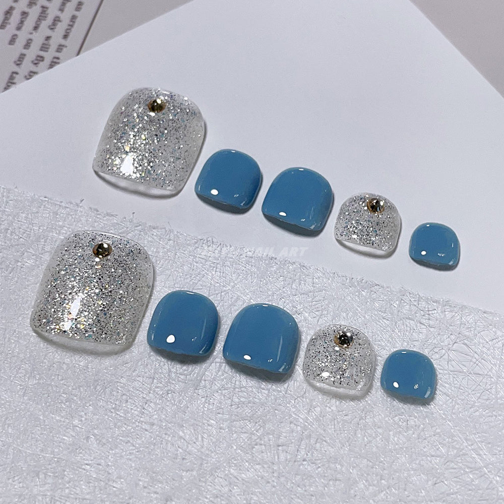 Glitter Silver & Blue Best Press On Toenails