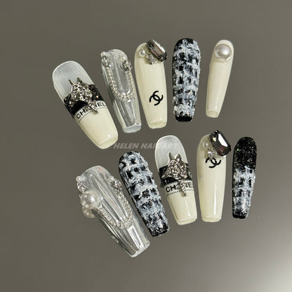 Long Coffin Chanel Acrylic Nail Designs_5